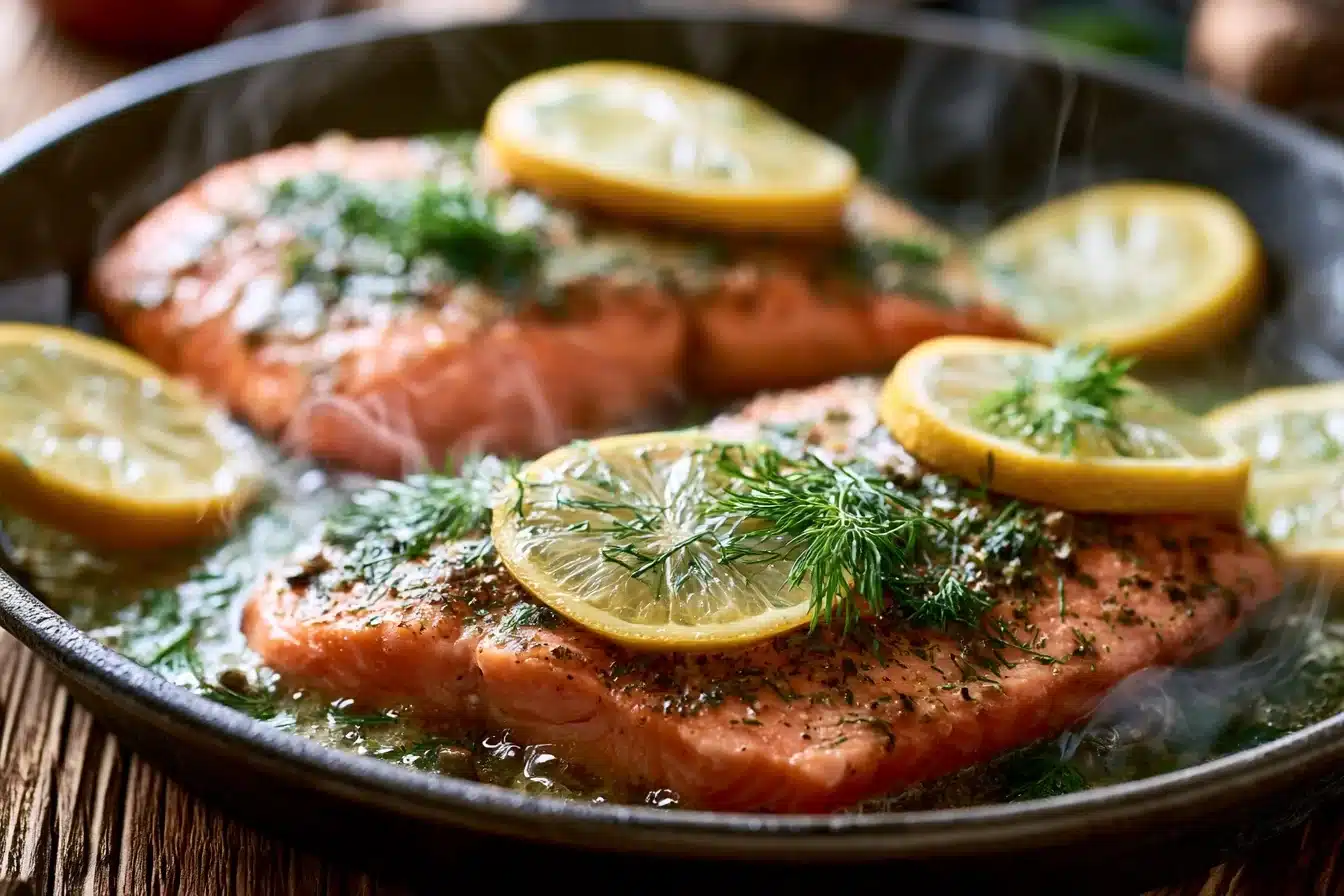 Creamy Garlic Dill Salmon Recipe 3 Salmon searing in a pan for Creamy Garlic Dill Salmon Recipe