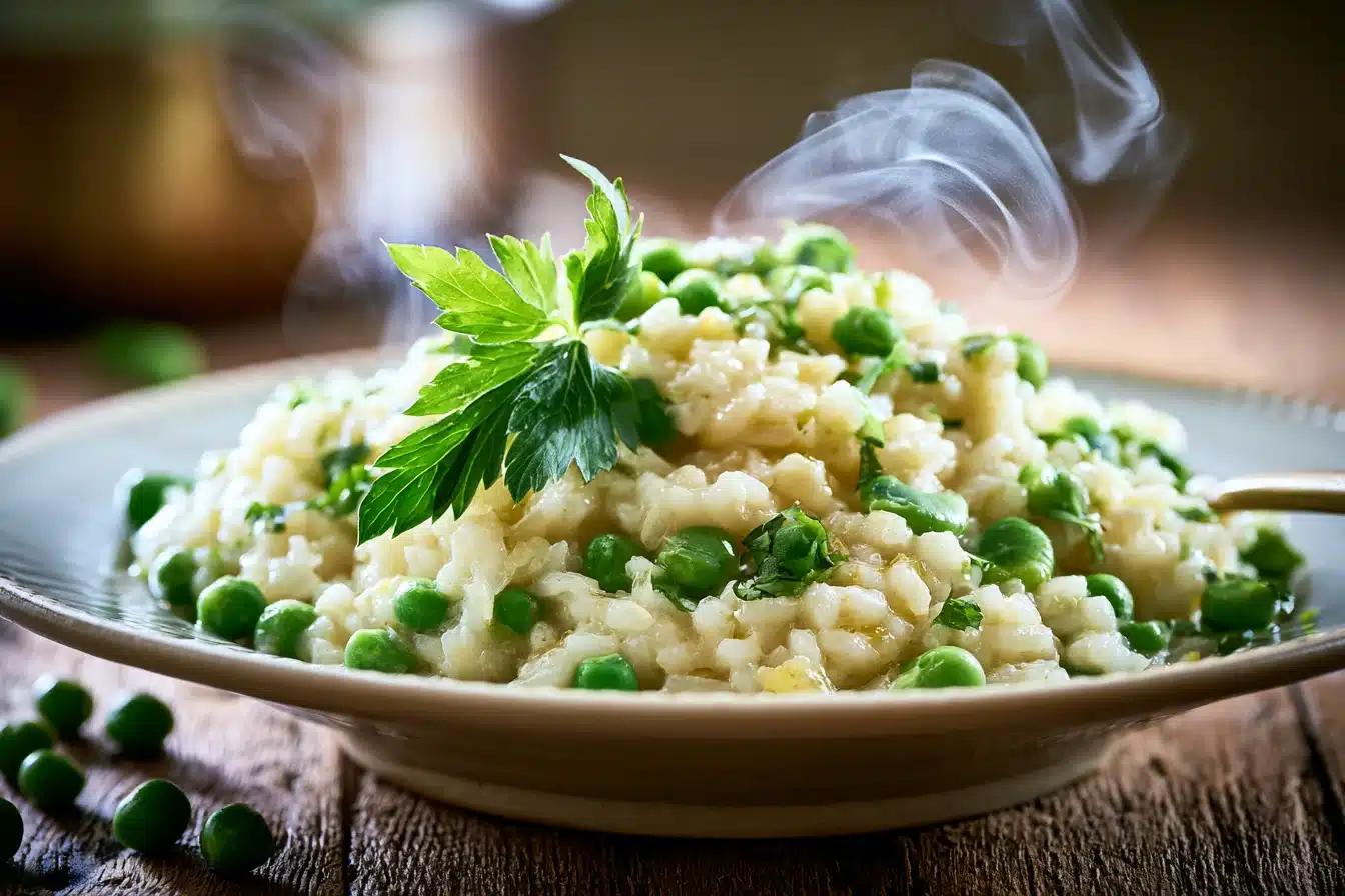 Creamy Lemon Garlic Risotto with Peas 2 Creamy Lemon Garlic Risotto with Peas in a white bowl, garnished with lemon zest and fresh herbs