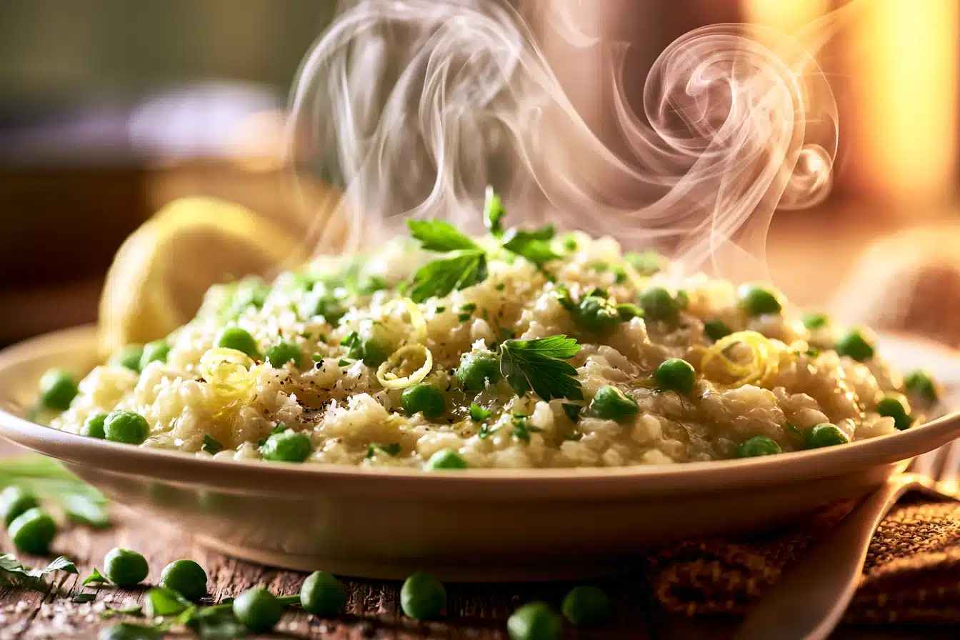 Creamy Lemon Garlic Risotto with Peas 3 Close-up of sautéed garlic and shallots in a pan for Creamy Lemon Garlic Risotto