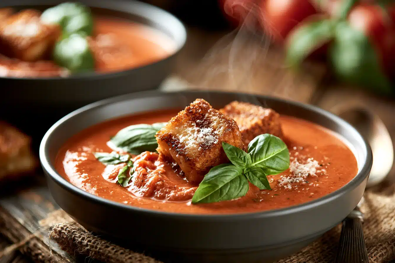 Creamy Tomato Basil Soup with Grilled Cheese Croutons 2 Creamy Tomato Basil Soup with Grilled Cheese Croutons