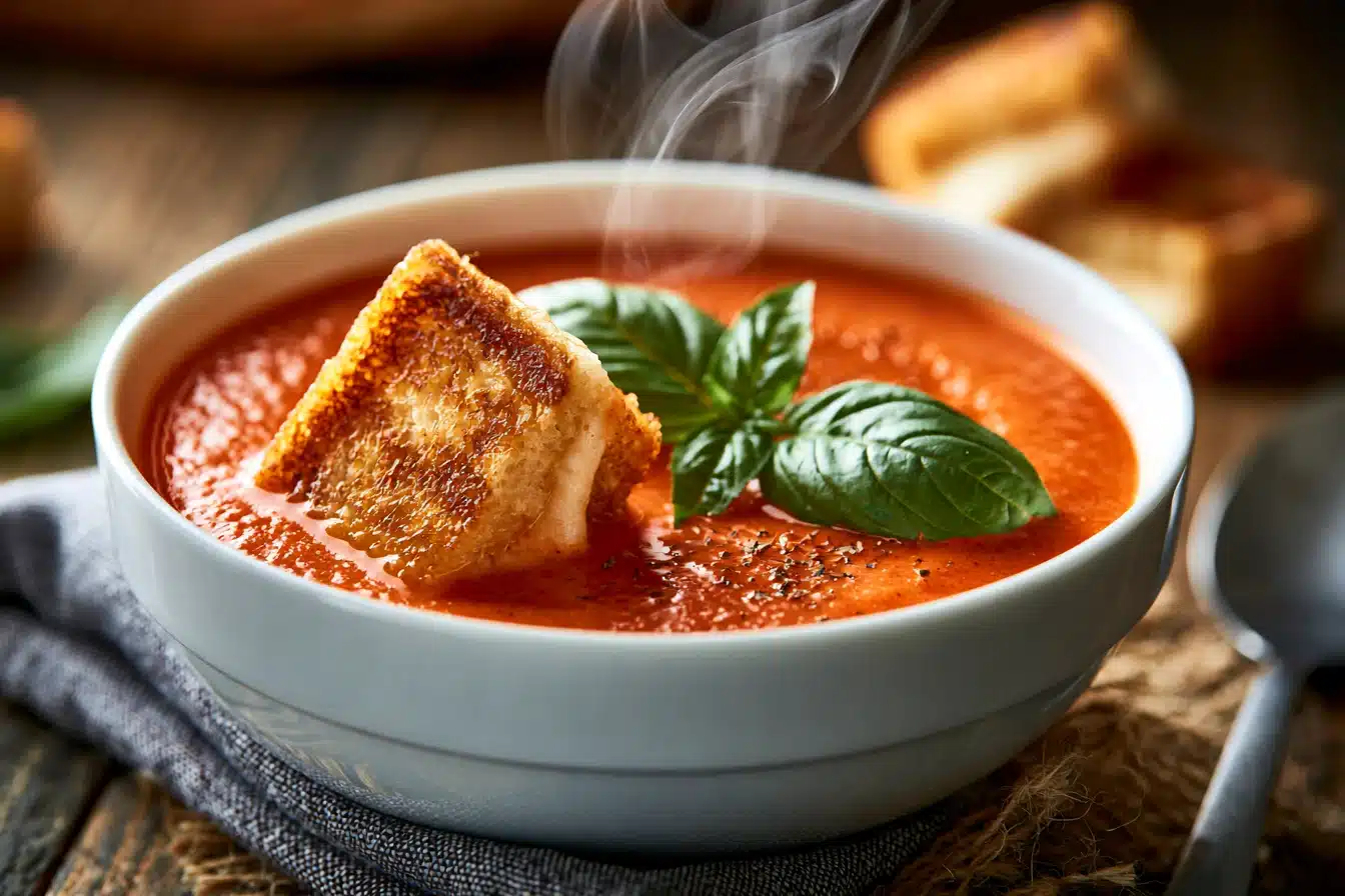 Creamy Tomato Basil Soup with Grilled Cheese Croutons 3 Creamy Tomato Basil Soup with Grilled Cheese Croutons
