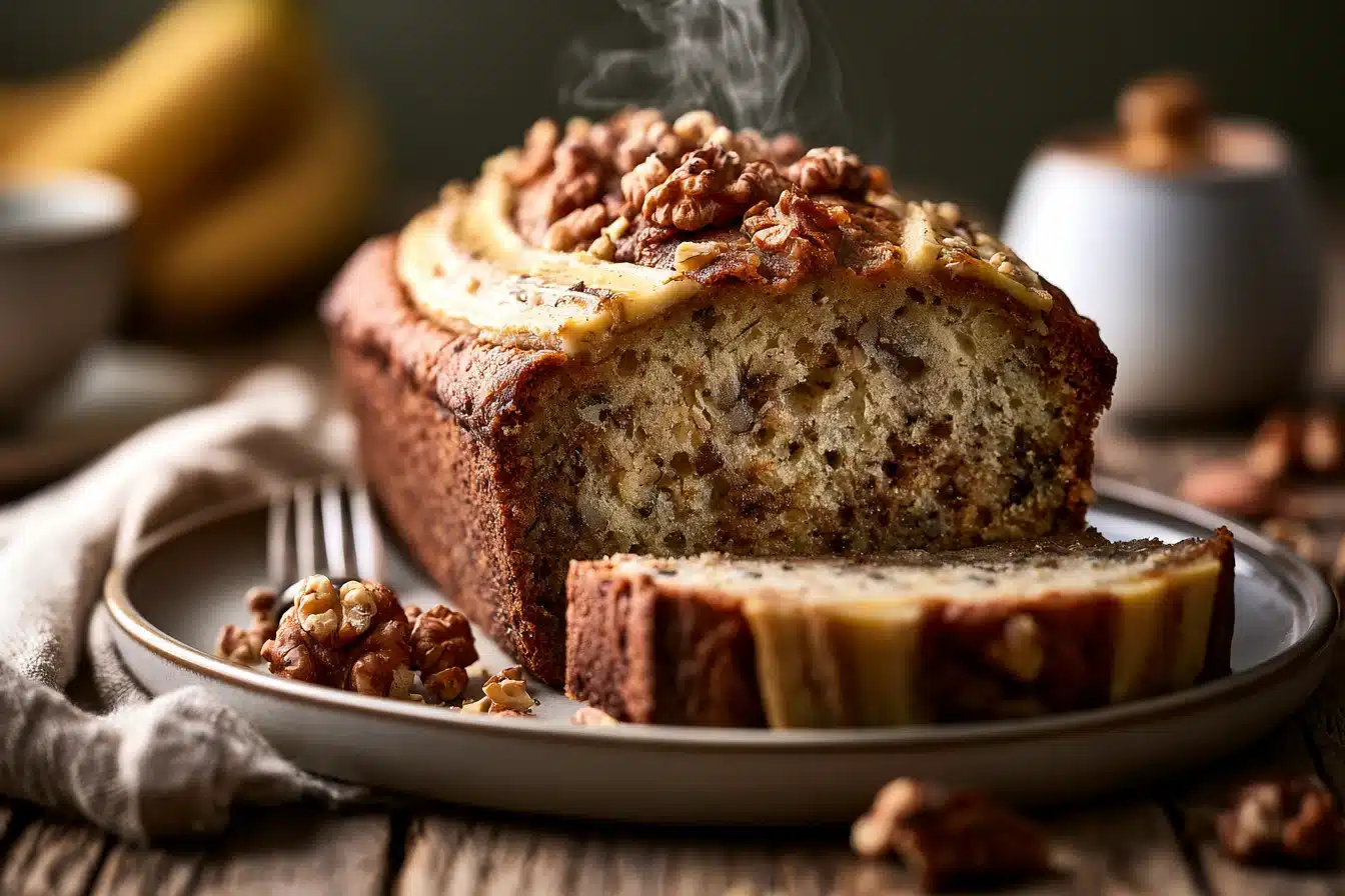 Nutty Banana Bread 2 Nutty Banana Bread sliced and served on a wooden board