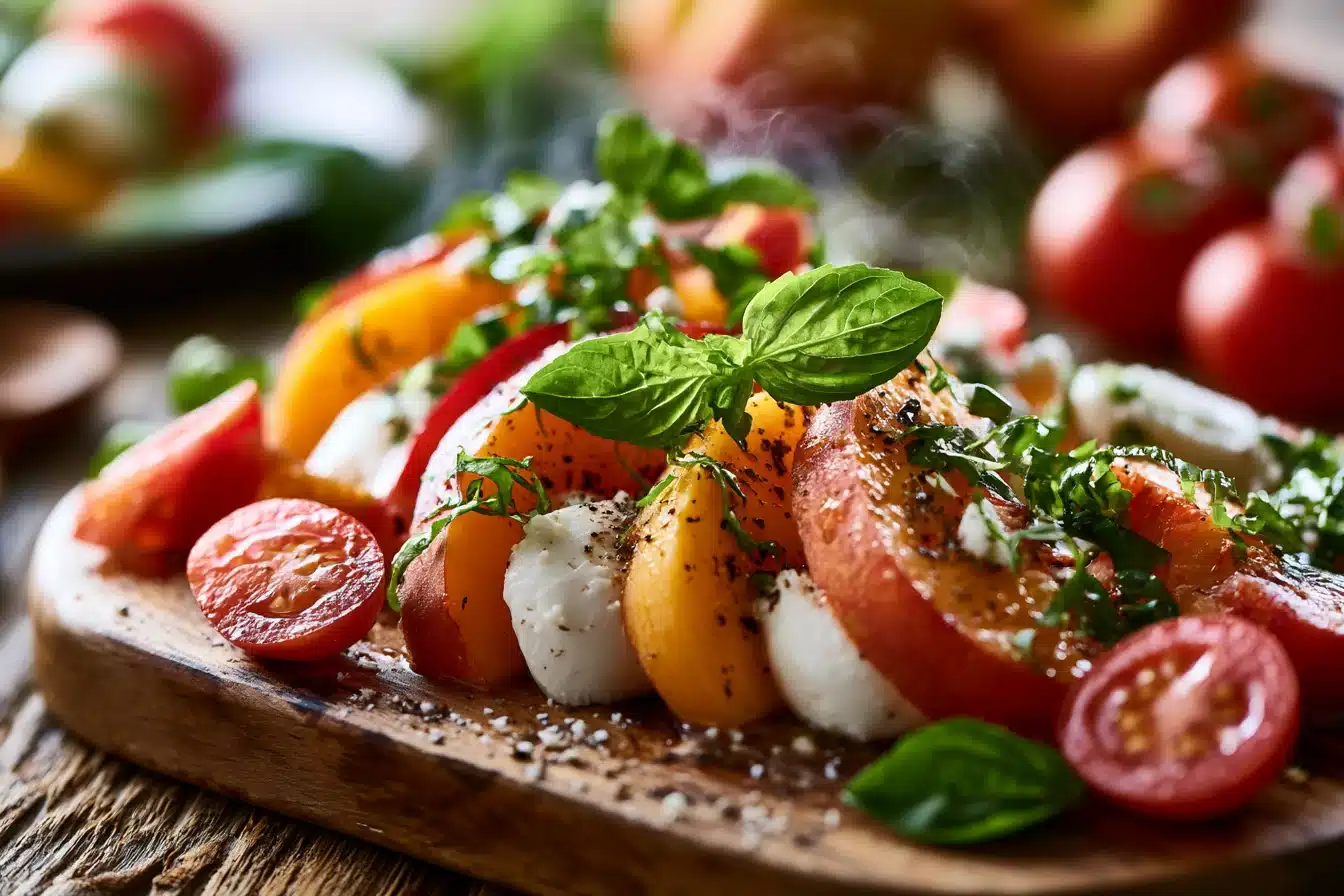 Peach Caprese Salad 2 Peach Caprese Salad with ripe peaches, mozzarella, and basil drizzled with balsamic glaze