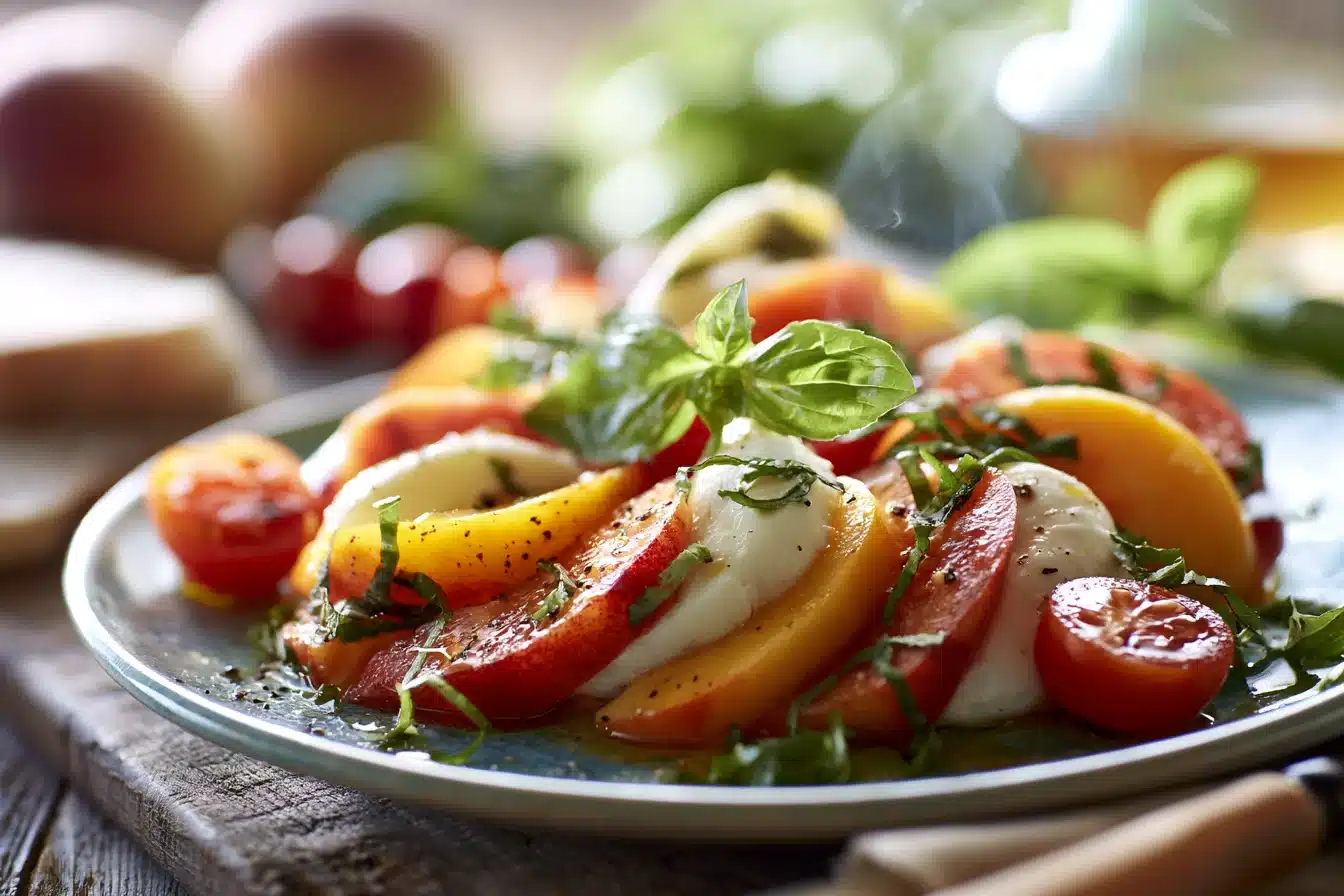 Peach Caprese Salad 3 Close-up of assembling Peach Caprese Salad with layered peaches and mozzarella