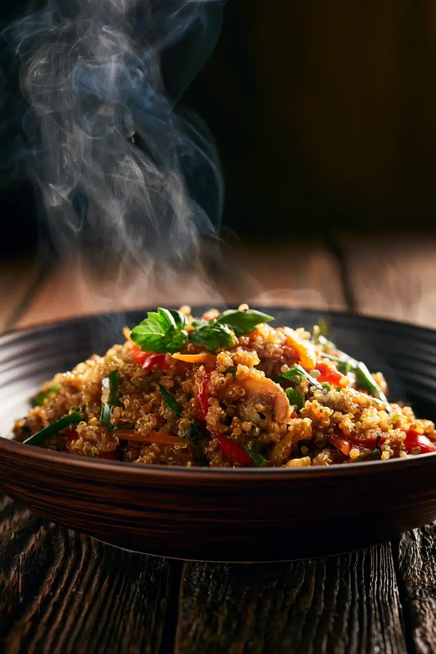 Savory Quinoa and Vegetable Stir-Fry 2 Savory Quinoa and Vegetable Stir-Fry with colorful veggies in a pan