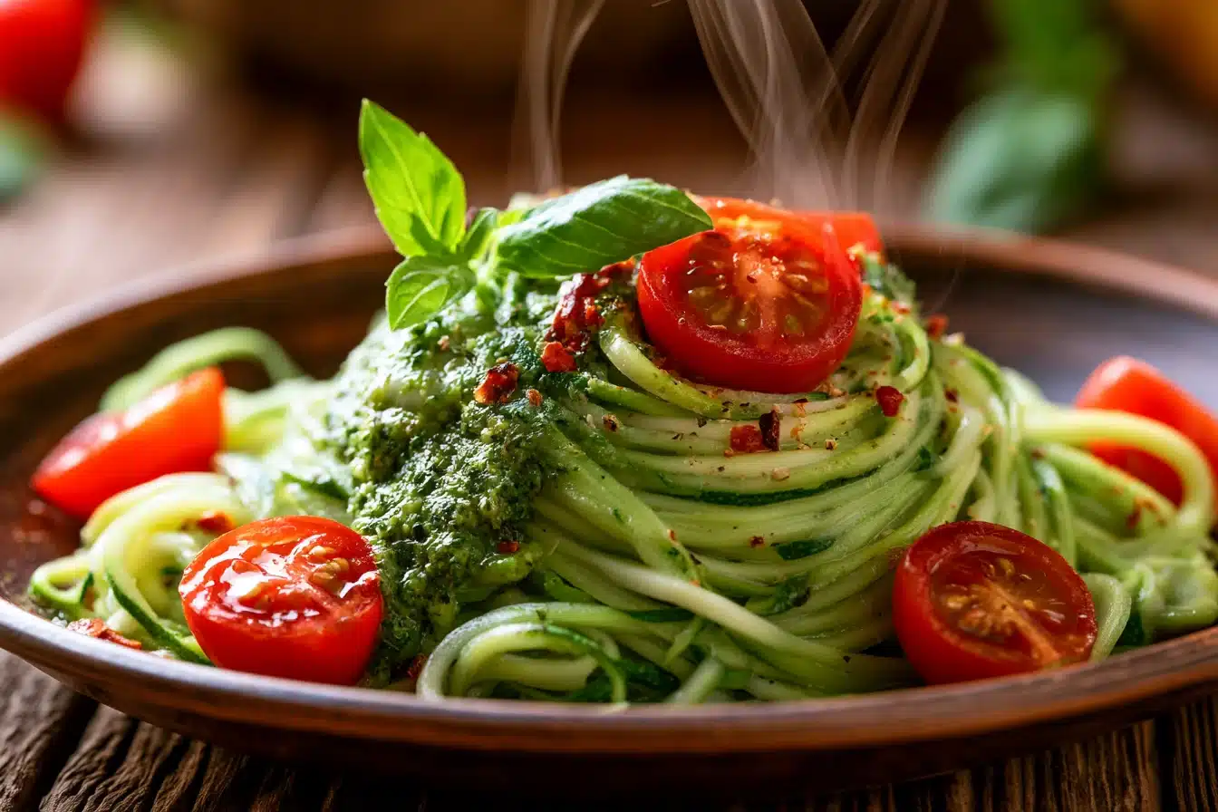 Zucchini Noodles with Pesto and Cherry Tomatoes 2 Zucchini Noodles with Pesto and Cherry Tomatoes