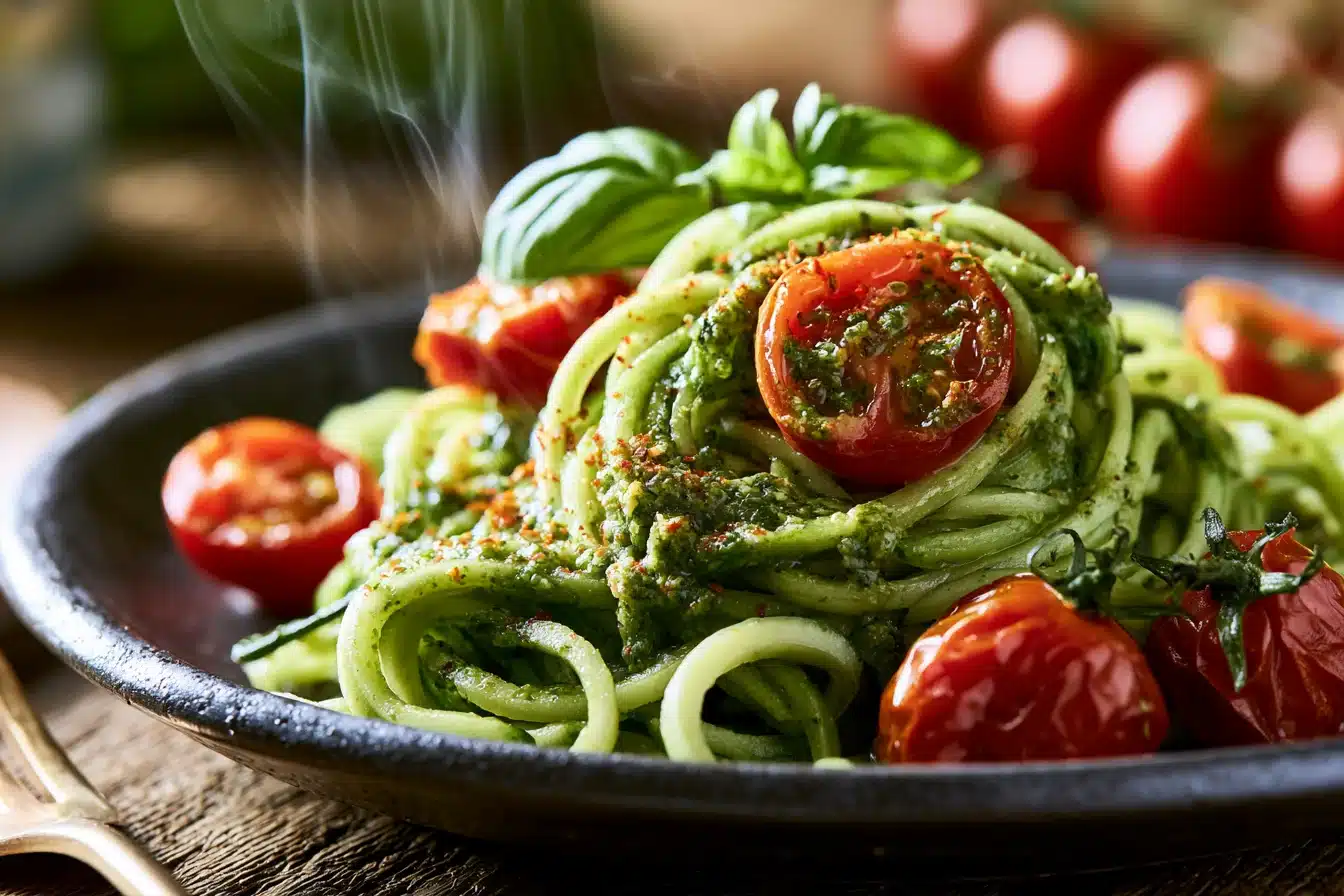 Zucchini Noodles with Pesto and Cherry Tomatoes 3 Zucchini Noodles with Pesto and Cherry Tomatoes