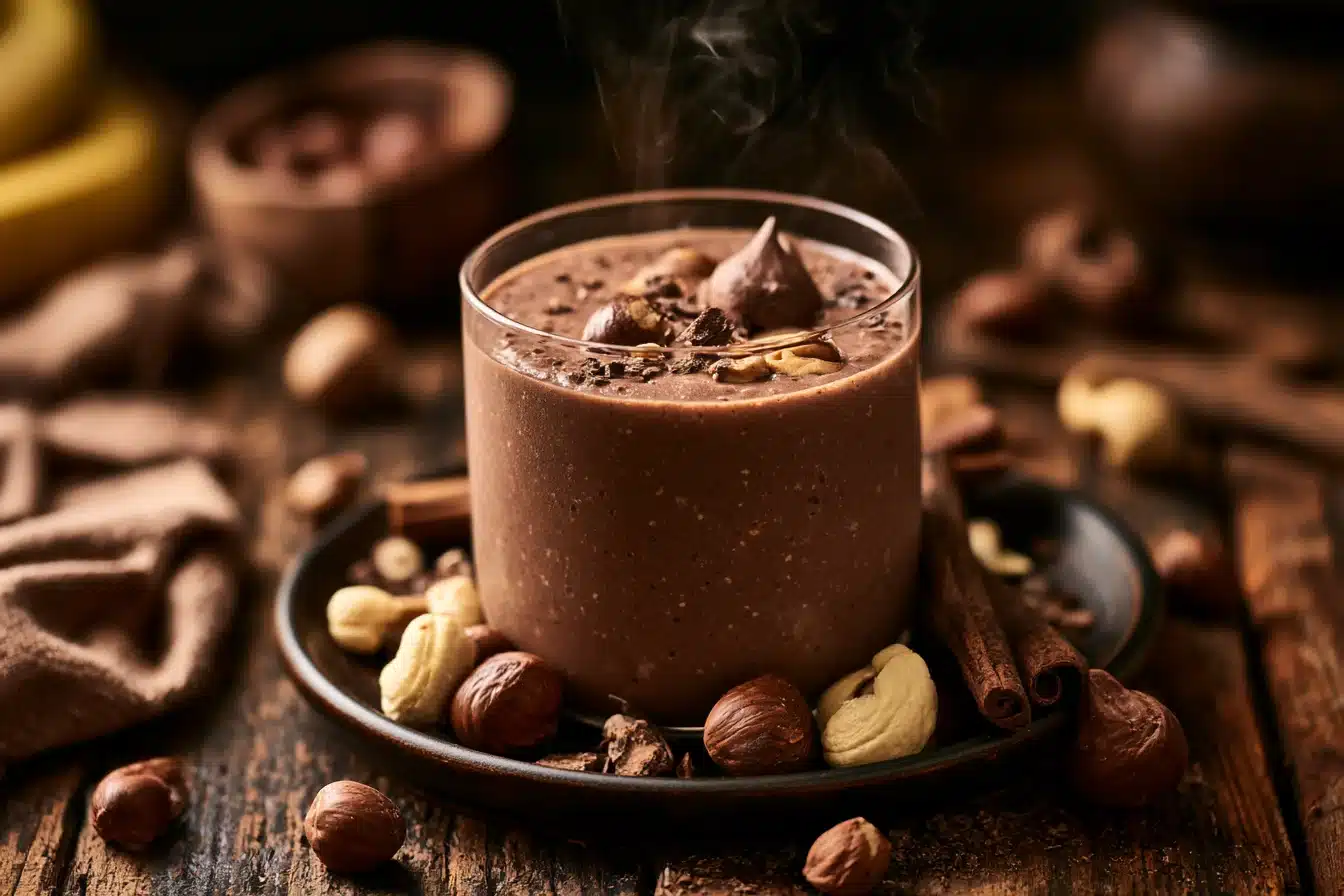 Chocolate Hazelnut Banana Smoothie 2 Delicious Chocolate Hazelnut Banana Smoothie in a glass