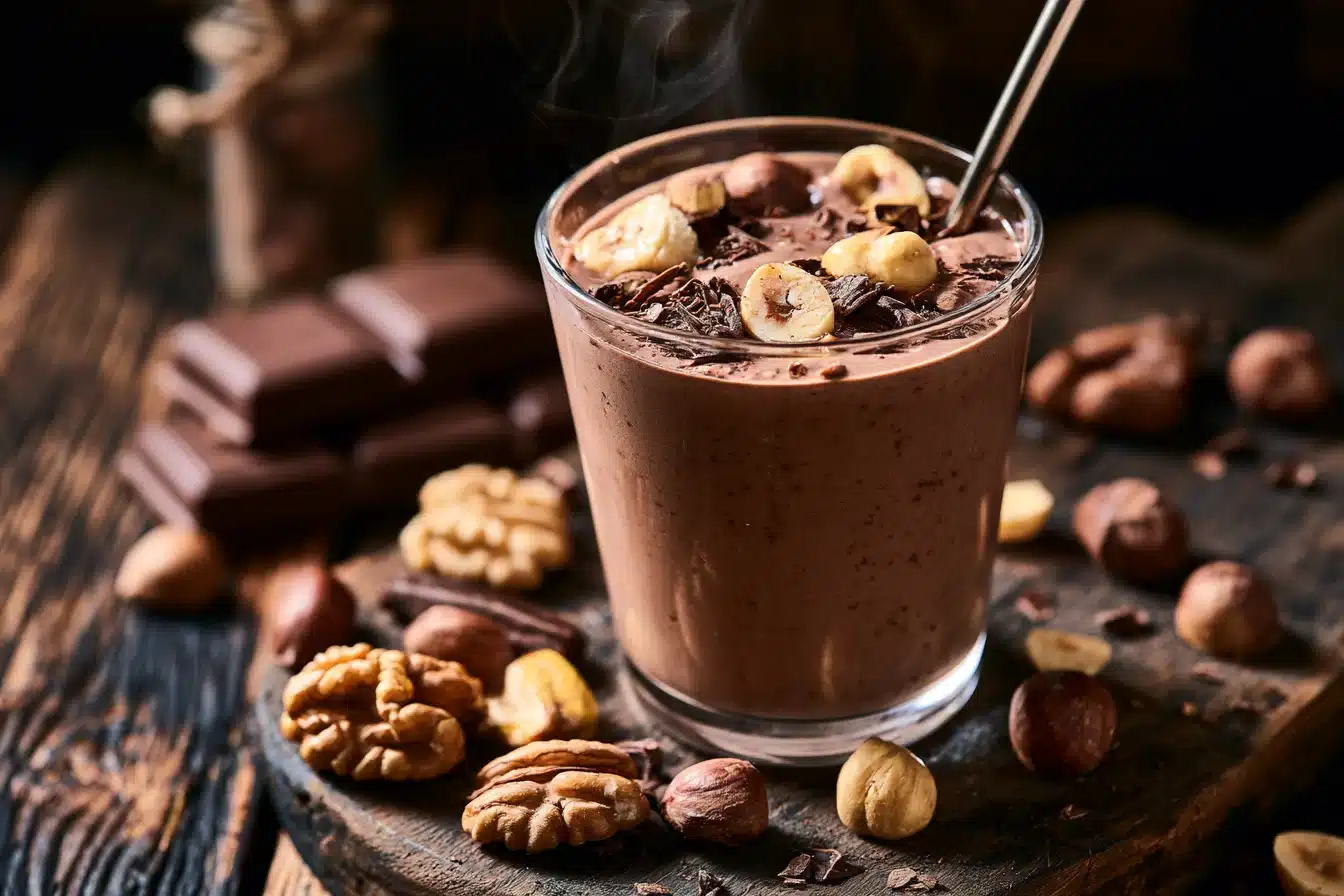 Chocolate Hazelnut Banana Smoothie 3 Ingredients in a blender for Chocolate Hazelnut Banana Smoothie